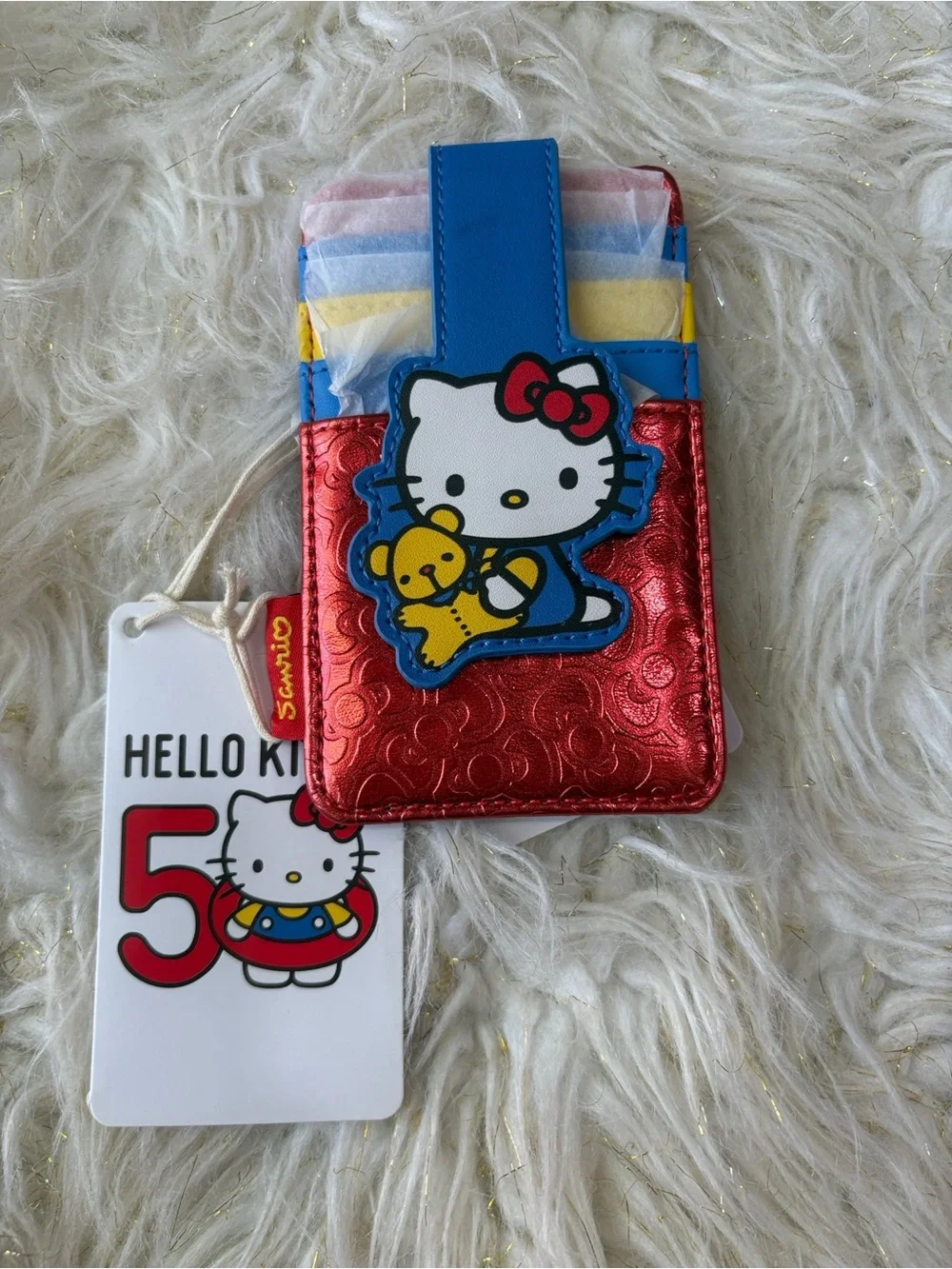 Hello Kitty Red Metallic Cardholder with Blue Accent and Yellow Bear